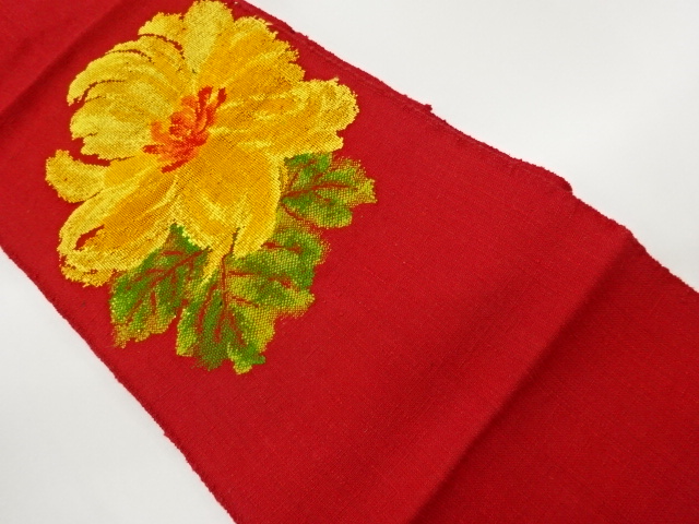 手織り真綿紬花葉模様織出し名古屋帯